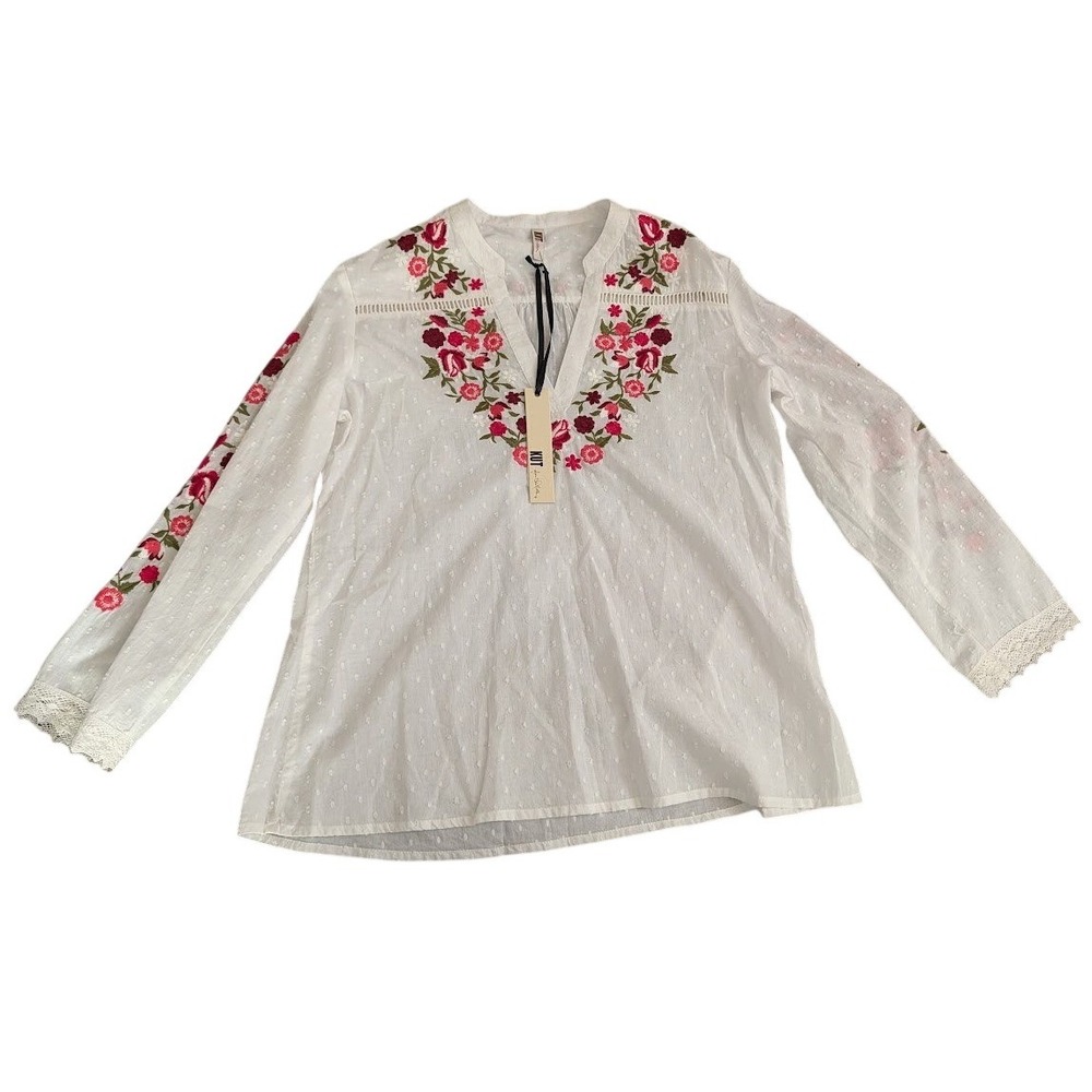 KUT from the Kloth White Embroidered Floral Tunic Top Long‎ Sleeve Lace Trim NEW
